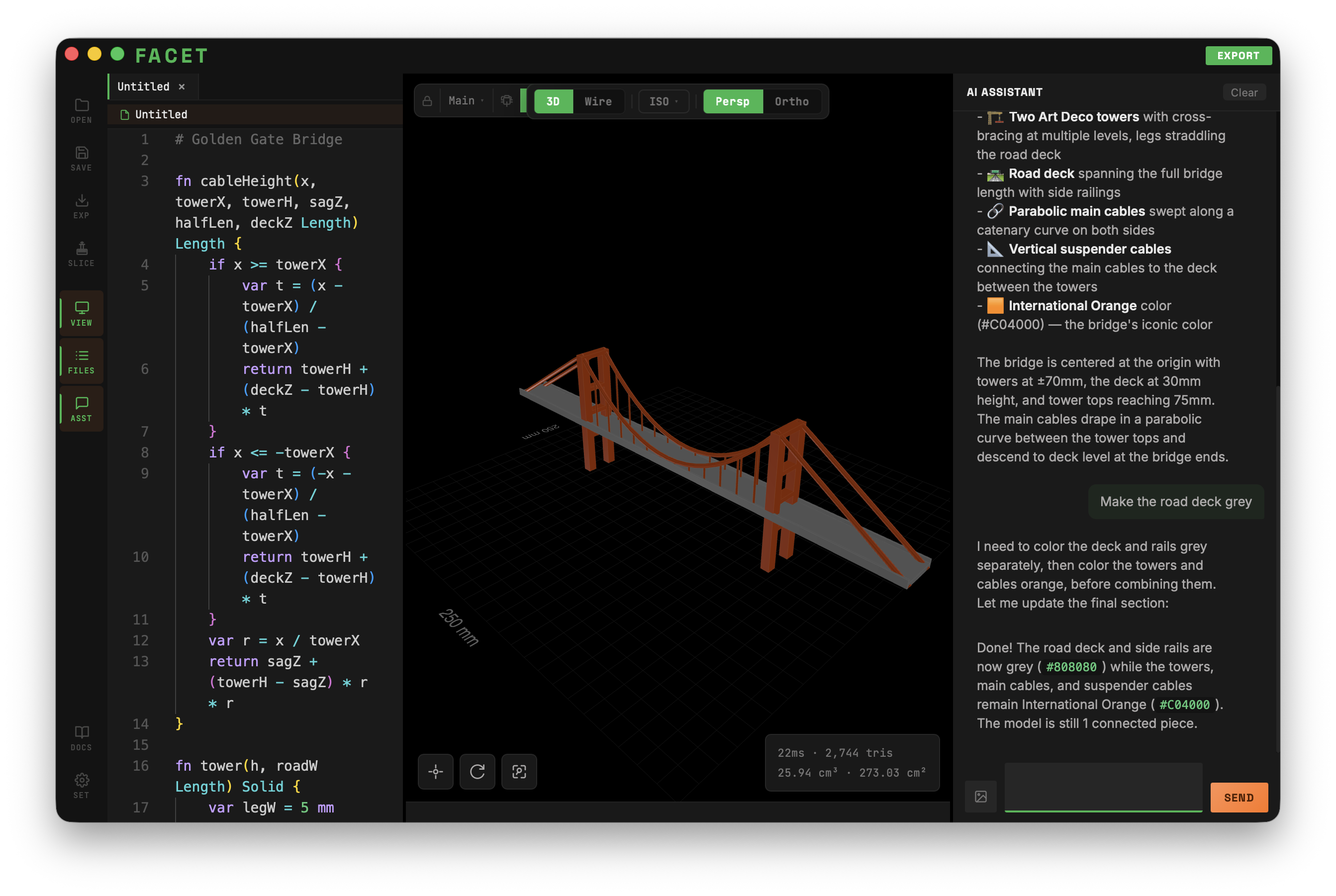 Facet with a Golden Gate Bridge model in the viewport and an AI assistant panel discussing how to color the deck.