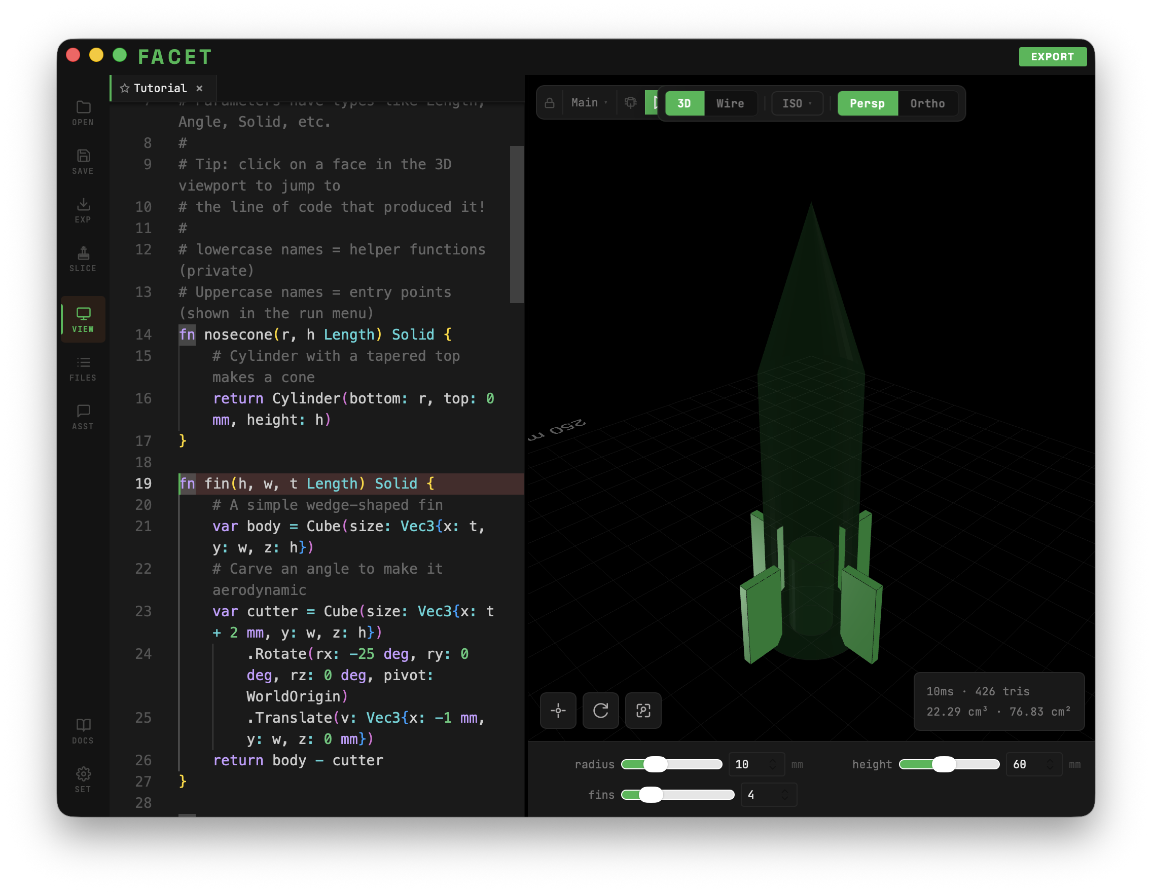 A parametric rocket in Facet, with sliders driving radius, height, and fin count.